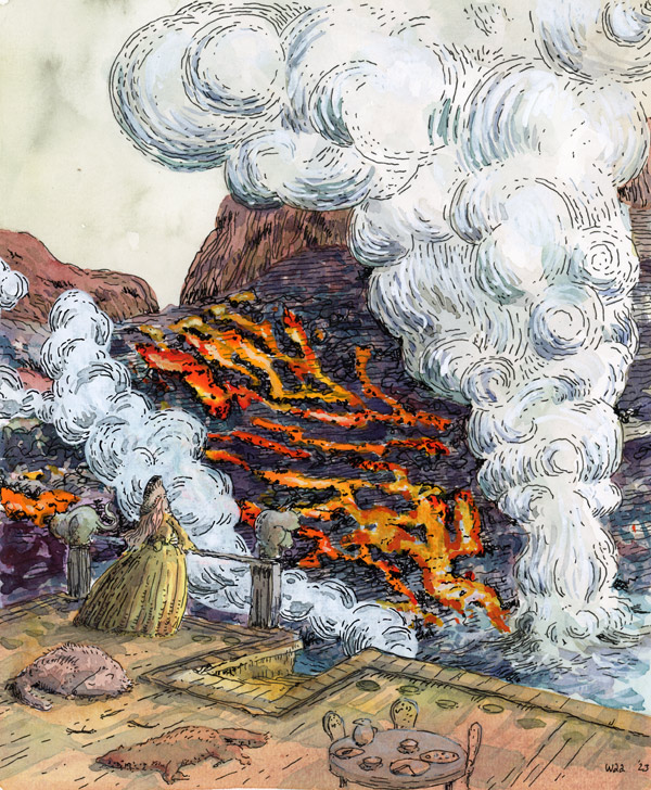 Watercolour and pen drawing of a rugged landscape with a volcanic eruption. A woman in a long dress and headgear is watching from a balcony. Several sleeping dogs and a tea table are on the balcony as well. Massive smoke plumes are snaking their way up.