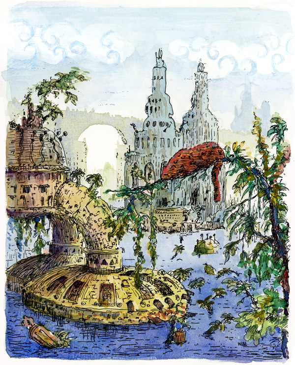 Watercolour of a landscape with water and jungle. In the front there is a feline resting on a branch which hangs overt the water. In the background and to the left there are strange ruins