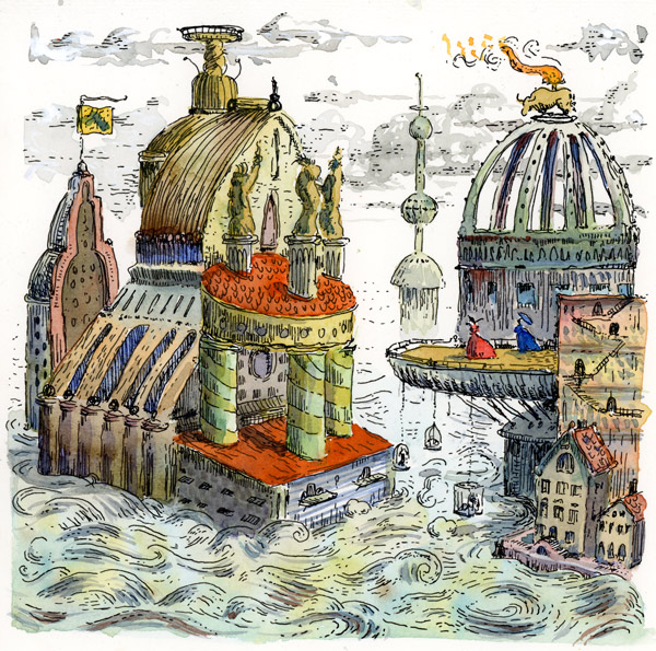 Watercolour and pen drawing of an imaginary city, built in water. On a balcony two people in dresses are walking towards the balustrade. Underneath the balcony there are metal cages with creatures in side,maybe even humans.